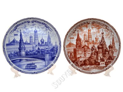 Сувенирная тарелка Москва гжель/бежевая